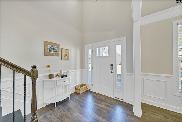 entrance foyer with crown molding and dark hardwood / wood-style flooring