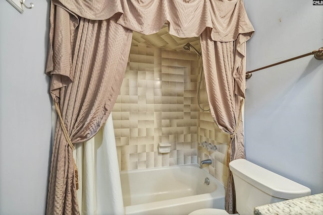 bathroom featuring shower / bathtub combination with curtain and toilet