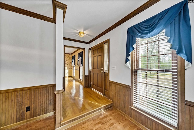 entrance foyer featuring hardwood / wood-style floors, crown molding, and wooden walls