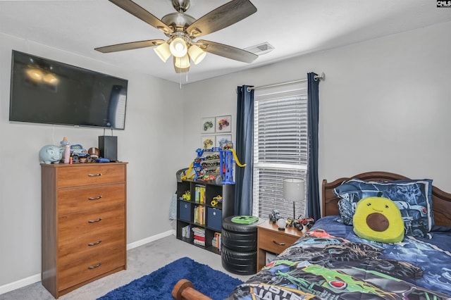 carpeted bedroom featuring ceiling fan