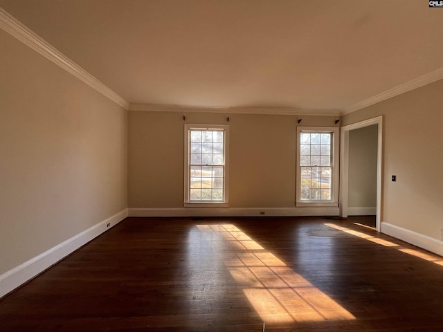 unfurnished room with crown molding and dark hardwood / wood-style flooring