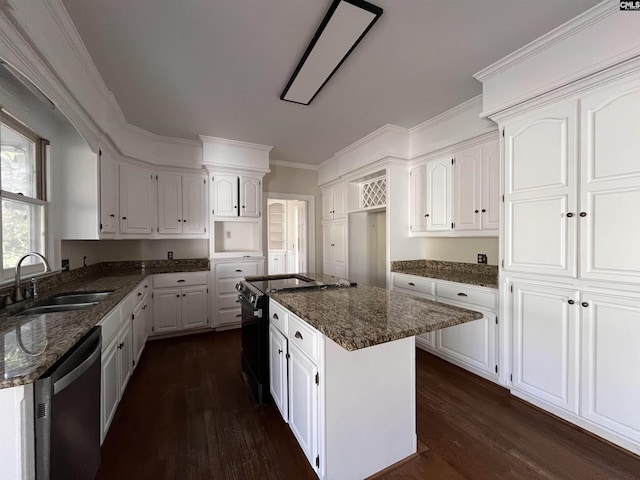 kitchen with sink, white cabinetry, black / electric stove, stainless steel dishwasher, and a kitchen island