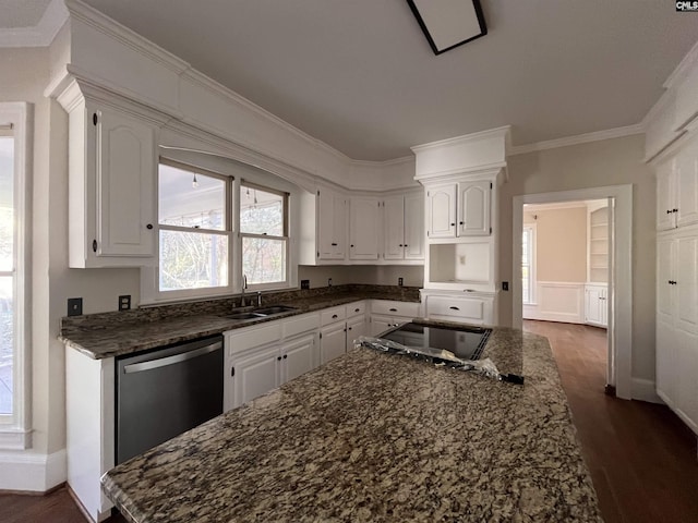 kitchen featuring white cabinetry, dark wood-type flooring, dishwasher, and sink