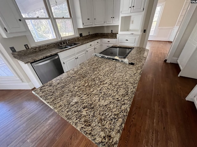 kitchen featuring white cabinetry, dishwasher, sink, and dark stone countertops