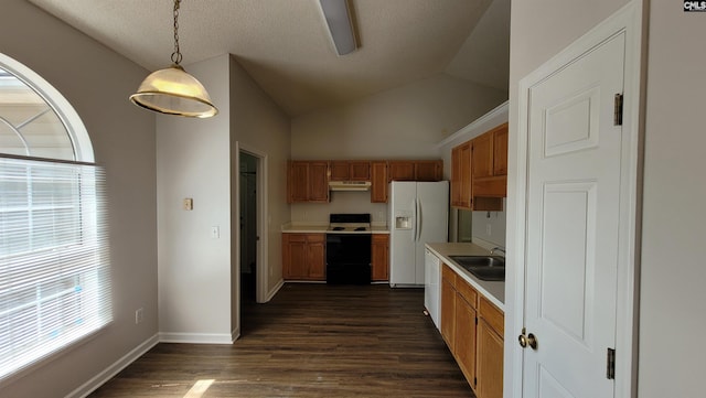 kitchen with vaulted ceiling, dark hardwood / wood-style floors, decorative light fixtures, sink, and white appliances