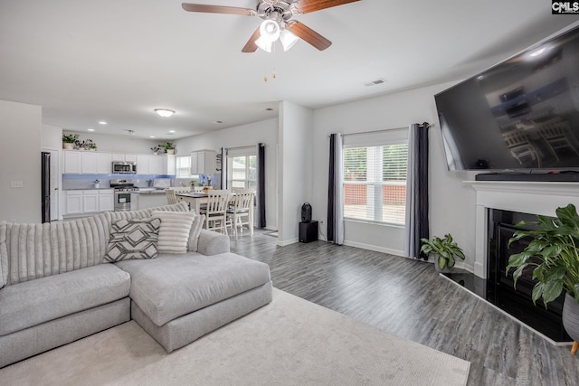 living room featuring wood-type flooring and ceiling fan