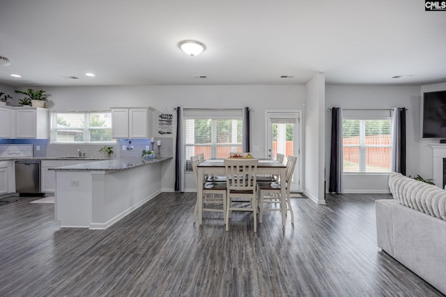 dining room with a healthy amount of sunlight, dark hardwood / wood-style floors, and sink