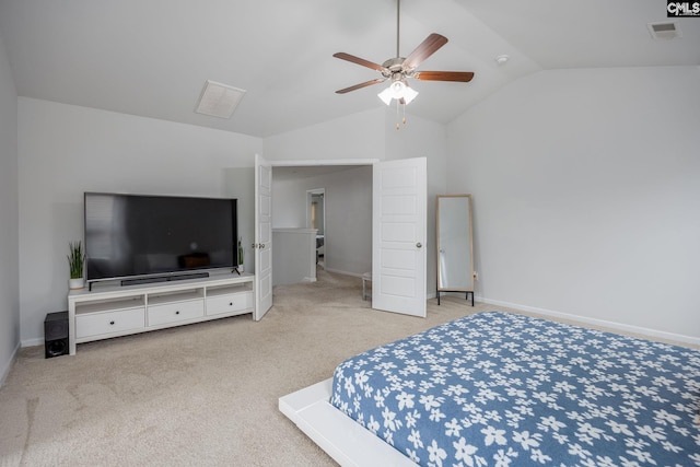 carpeted bedroom with vaulted ceiling and ceiling fan