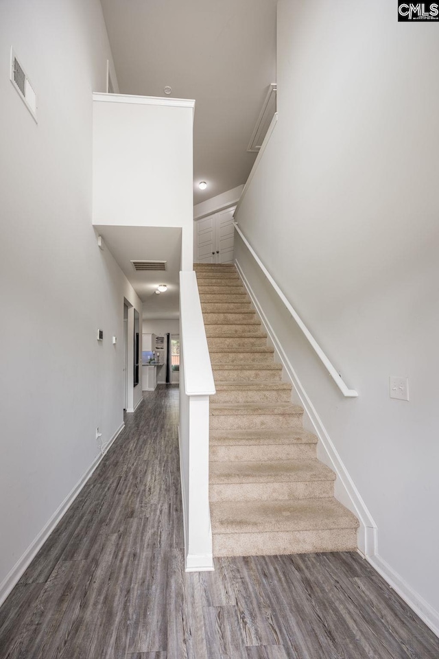 stairs with hardwood / wood-style floors