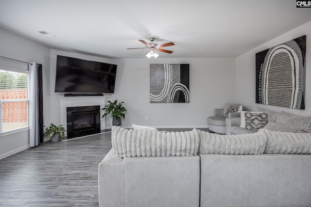 living room featuring ceiling fan and wood-type flooring