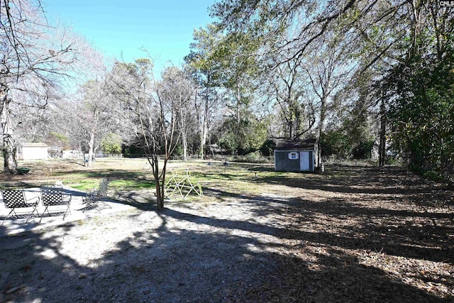 view of yard featuring a storage unit