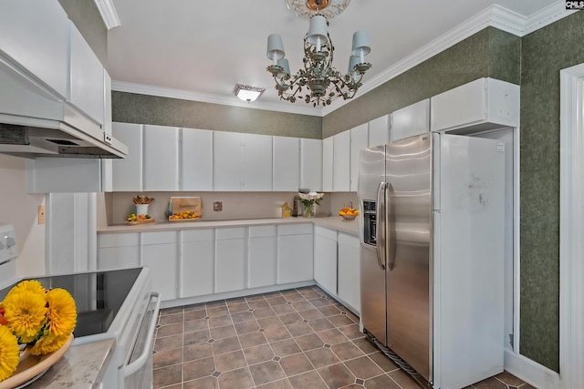 kitchen with wall chimney exhaust hood, stainless steel fridge with ice dispenser, ornamental molding, white cabinets, and white range with electric stovetop