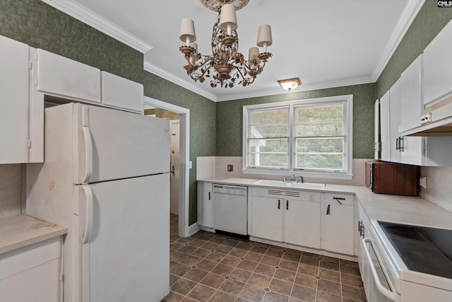 kitchen featuring white cabinetry, sink, white appliances, and ornamental molding