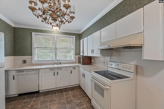 kitchen featuring white cabinetry, ornamental molding, sink, and white appliances