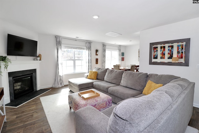 living room with dark wood-type flooring