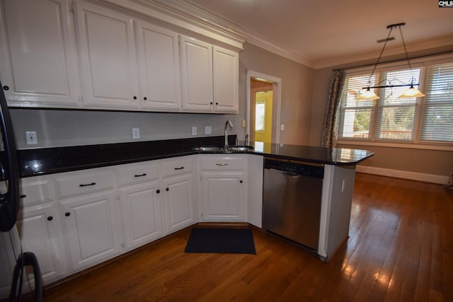 kitchen with sink, white cabinets, kitchen peninsula, and dishwasher