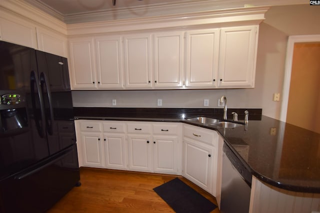 kitchen with sink, black refrigerator with ice dispenser, dishwasher, kitchen peninsula, and white cabinets