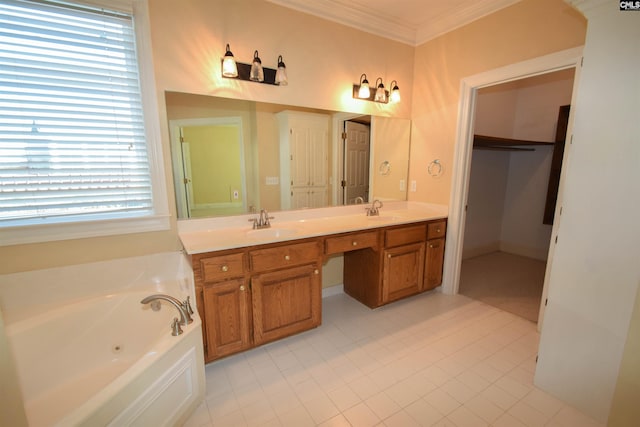 bathroom with vanity, a bath, and crown molding