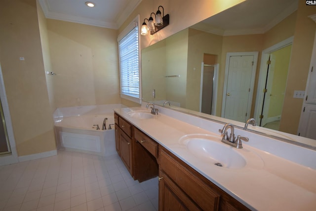 bathroom featuring tile patterned floors, ornamental molding, shower with separate bathtub, and vanity