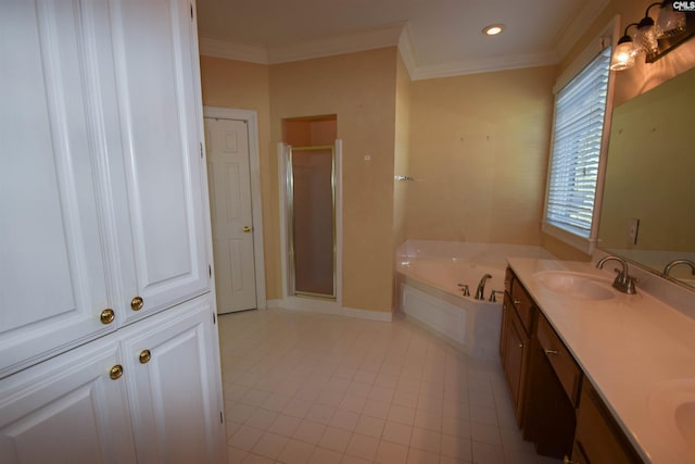 bathroom featuring vanity, crown molding, and shower with separate bathtub