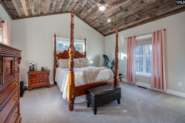 bedroom with light carpet, wood ceiling, visible vents, and vaulted ceiling