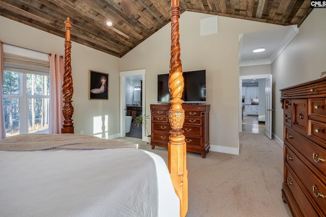 bedroom with visible vents, baseboards, light colored carpet, wooden ceiling, and ornamental molding