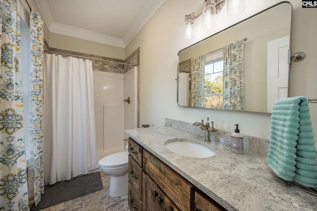 bathroom featuring toilet, ornamental molding, shower / bath combination with curtain, and vanity