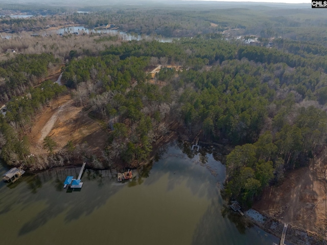 drone / aerial view featuring a water view and a wooded view