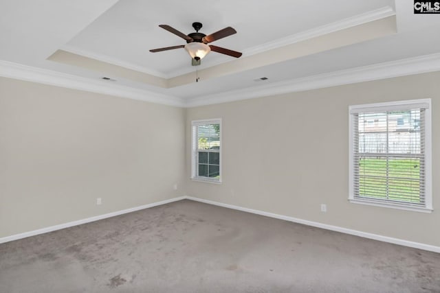 empty room with crown molding, carpet floors, and a tray ceiling