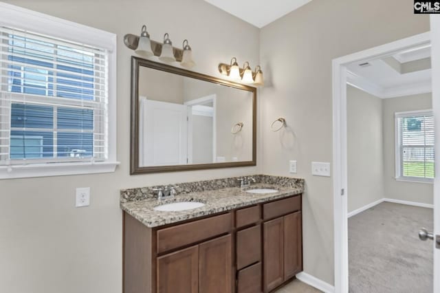 bathroom featuring ornamental molding and vanity