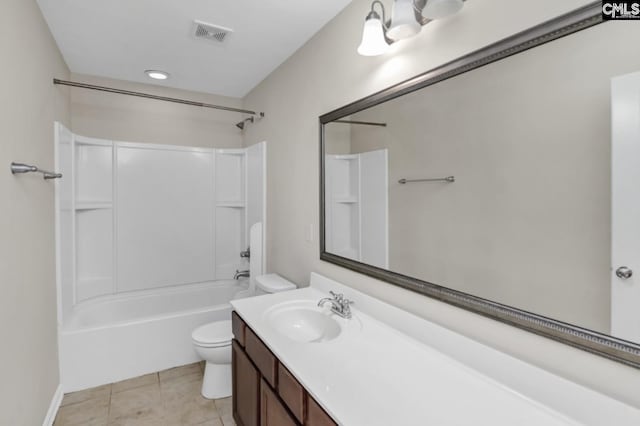 full bathroom featuring vanity, toilet, shower / bath combination, and tile patterned flooring