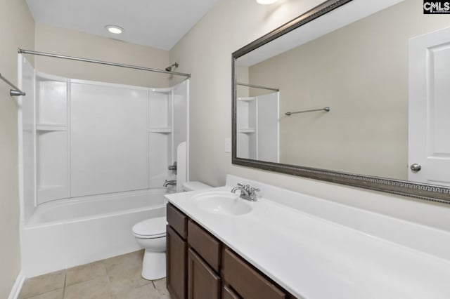 full bathroom featuring vanity, tile patterned flooring, shower / washtub combination, and toilet