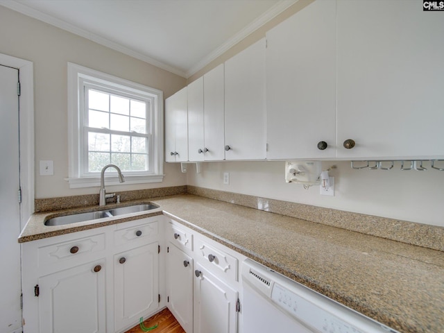 kitchen featuring white cabinetry, crown molding, dishwasher, and sink