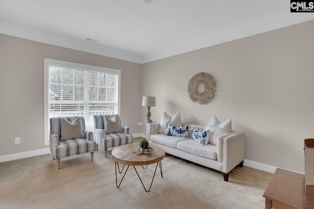 carpeted living room featuring crown molding