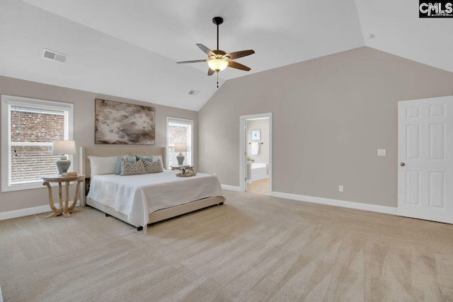 carpeted bedroom with vaulted ceiling and ceiling fan