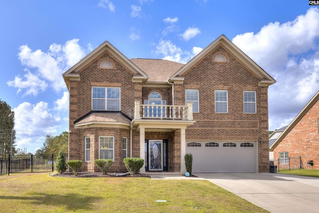 front facade with a garage, a front lawn, and a balcony