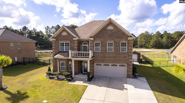 view of front of home with a balcony, a garage, and a front lawn