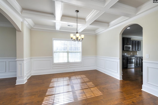 unfurnished dining area with coffered ceiling, beam ceiling, dark hardwood / wood-style flooring, and an inviting chandelier