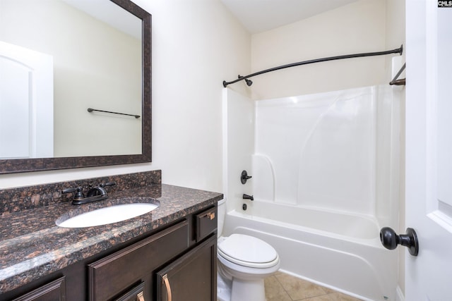 full bathroom with shower / tub combination, vanity, toilet, and tile patterned flooring