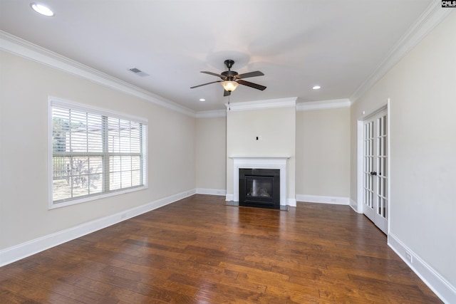 unfurnished living room with crown molding, dark hardwood / wood-style floors, and ceiling fan