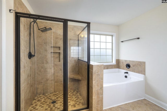 bathroom with tile patterned flooring and plus walk in shower