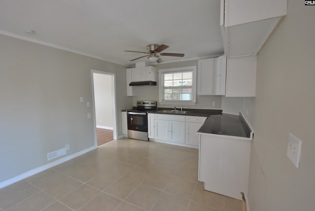 kitchen with sink, crown molding, ceiling fan, stainless steel range with electric stovetop, and white cabinetry