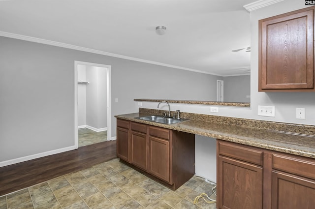 kitchen featuring crown molding, wood-type flooring, sink, and kitchen peninsula