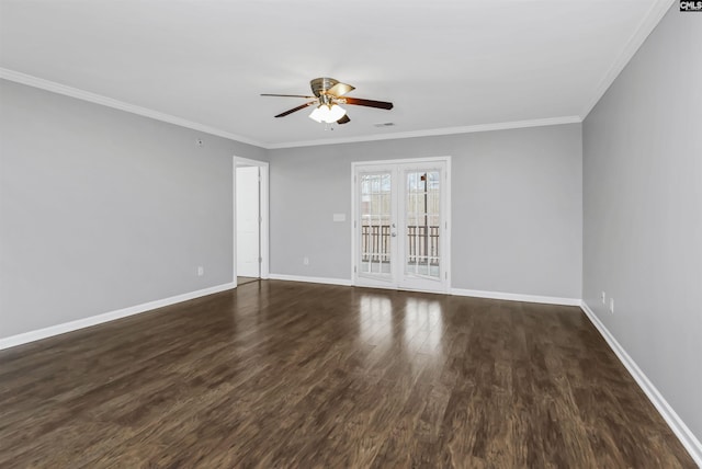 unfurnished room with ornamental molding, dark wood-type flooring, ceiling fan, and french doors