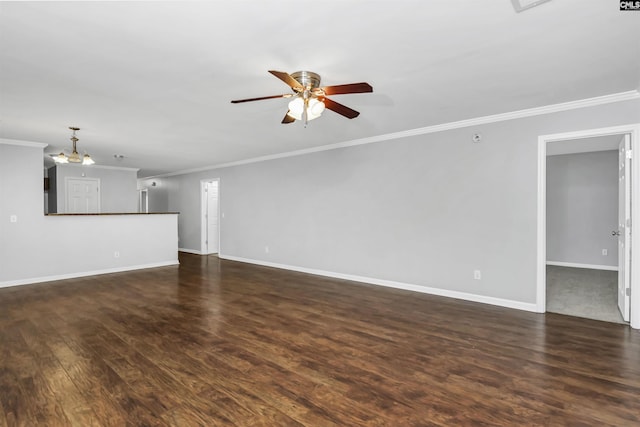 unfurnished living room featuring crown molding, dark wood-type flooring, and ceiling fan