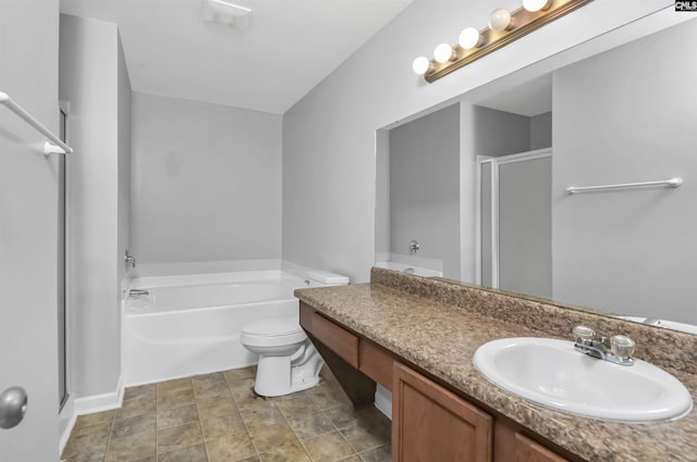 full bathroom featuring vanity, plus walk in shower, and toilet