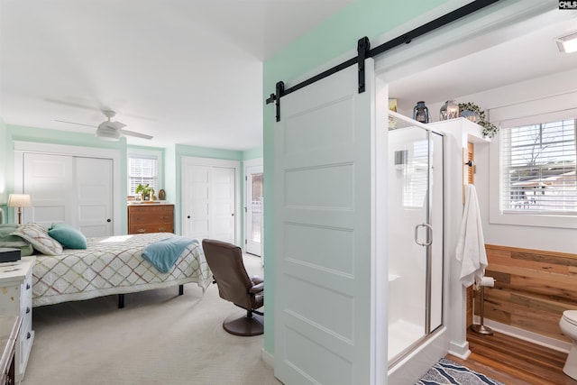 bedroom with ceiling fan, a barn door, and two closets