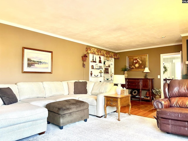 living room with ornamental molding and light hardwood / wood-style flooring