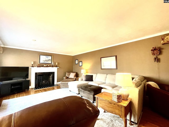 living room featuring a tile fireplace, hardwood / wood-style floors, and crown molding