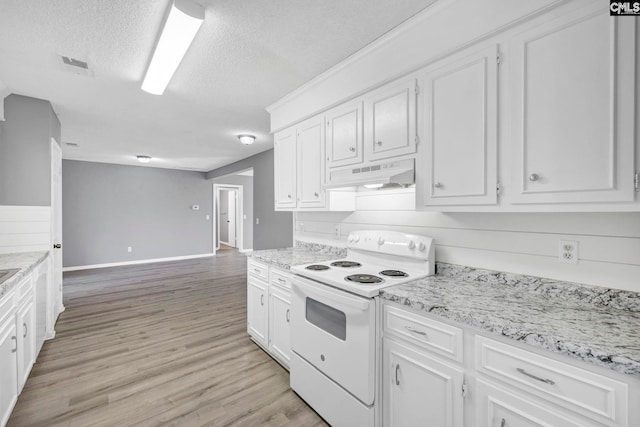 kitchen with a textured ceiling, light hardwood / wood-style floors, white cabinets, and white range with electric cooktop